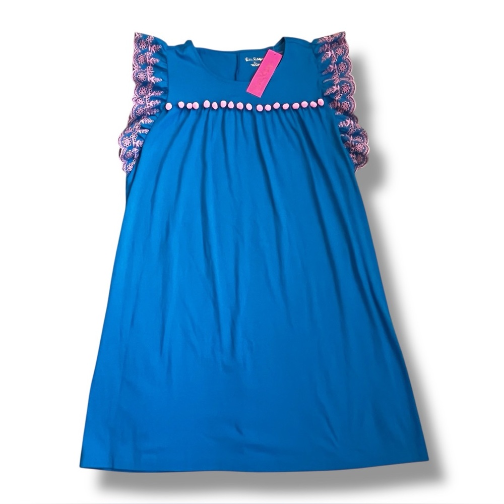 NEW Lilly Pulitzer Ave Dress Blue Flare Size XL Stretch Knit Eyelet PomPoms